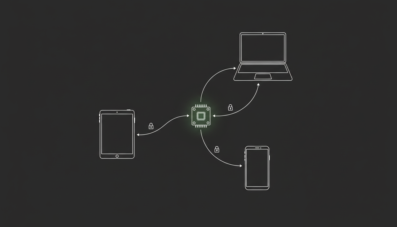 Network diagram: tablet, phone and laptop connected to the Pi over an encrypted private network